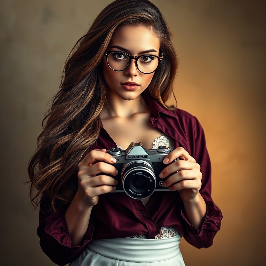 Hyper-Realistic Portrait of a Woman with Silver Camera
