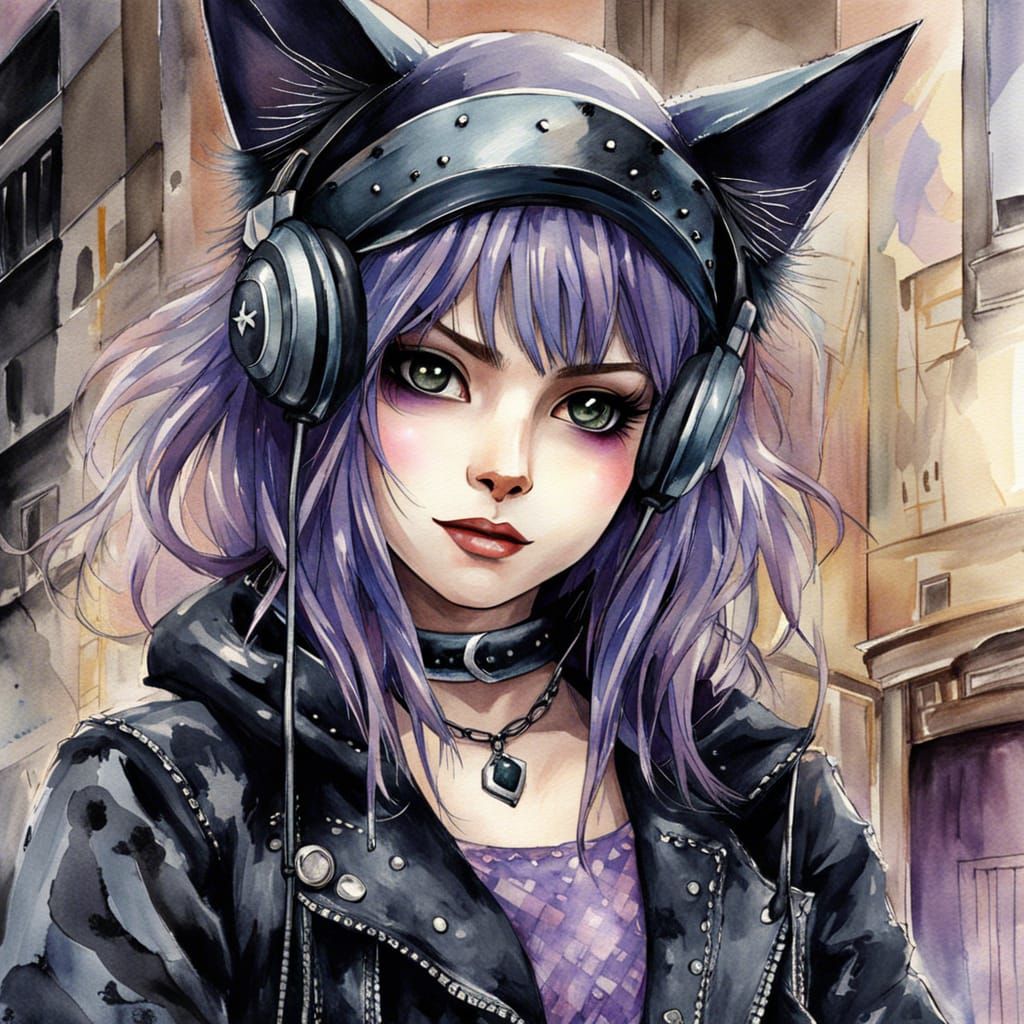 Anime Watercolor Portrait of Gothic Cat-Girl Musician