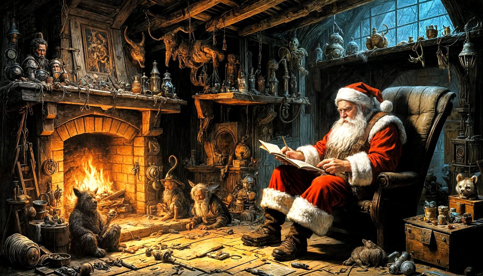 Dark Fantasy Santa Claus in Cozy Workshop