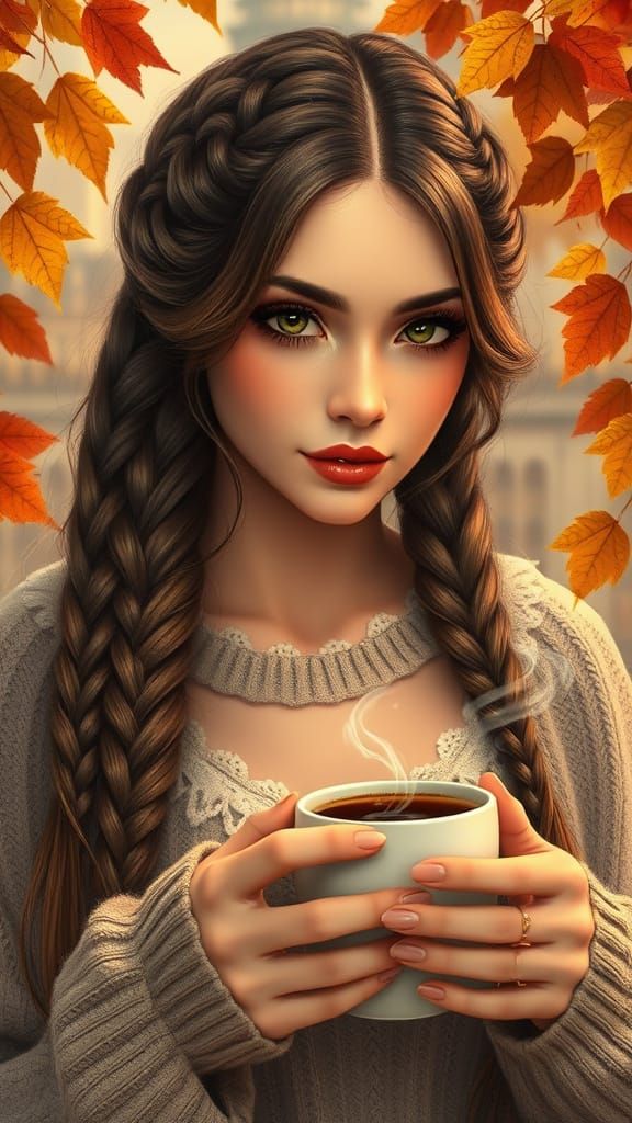 Autumn Woman with Coffee: Fantasy Realism Portrait