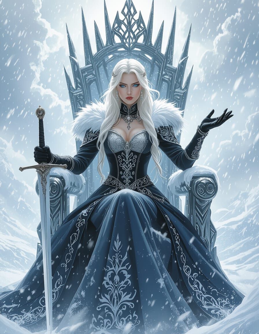 Queen of Swords on Ice Throne in Winter Storm
