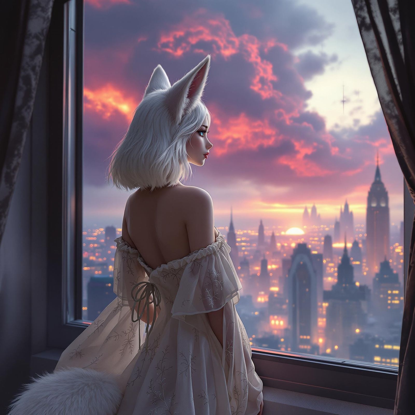 Fox Girl Hunts Amidst Dystopian Cityscape in Art Nouveau Sty...