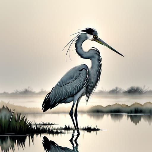 Ethereal Heron in Misty Marshland