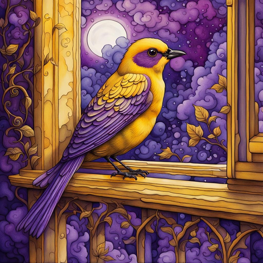 Yellow Bird in Purple Rain, Watercolour Fantasy