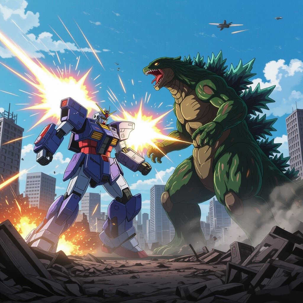 Giant Mecha Battles Kaiju in Ruined City