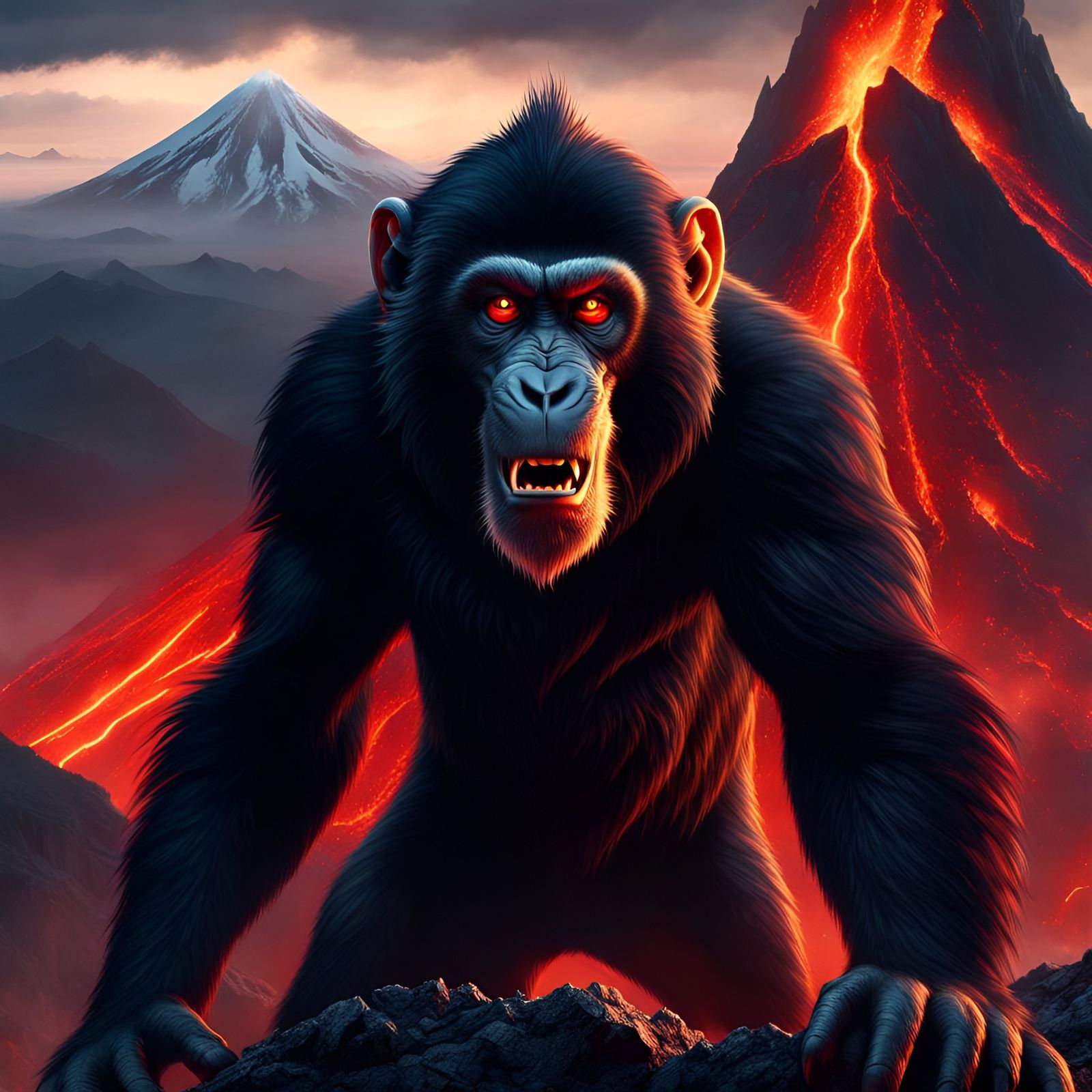 Roaring Red-Eyed Monkey Volcano Fantasy Art