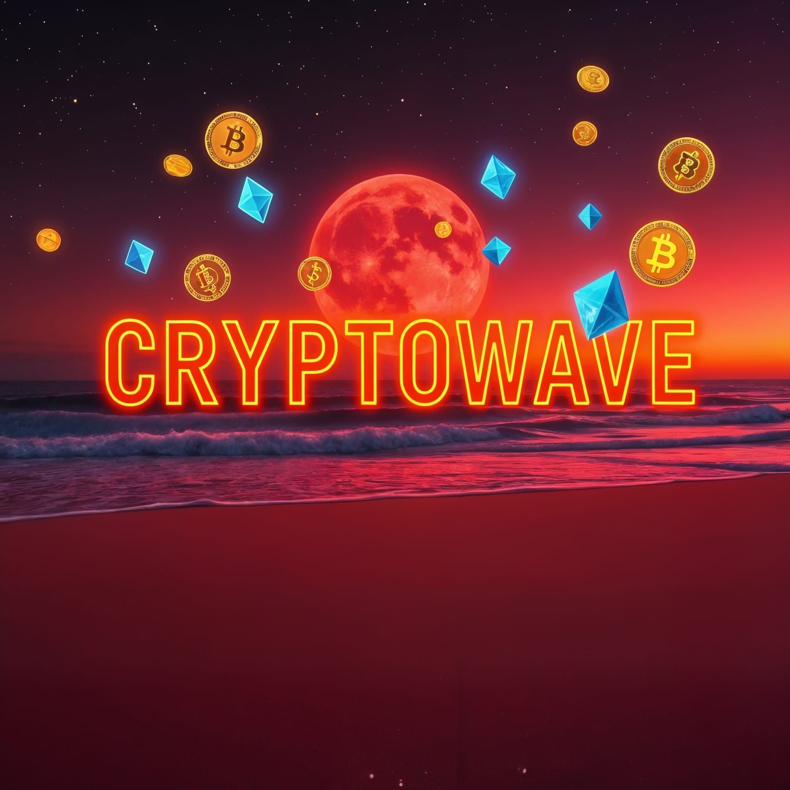 Synthwave Album Cover with Bitcoin and Ethereum