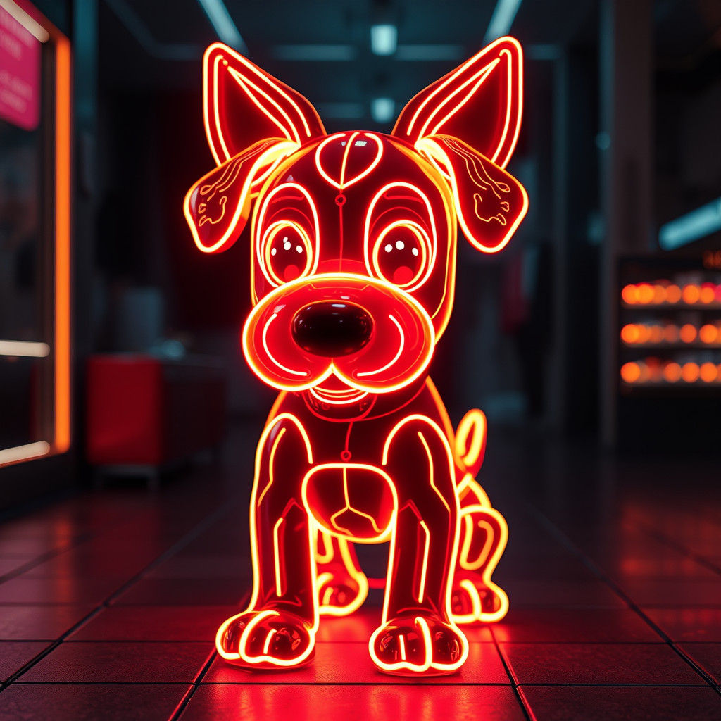 Neon Cartoon Dog in Hyperrealistic Style