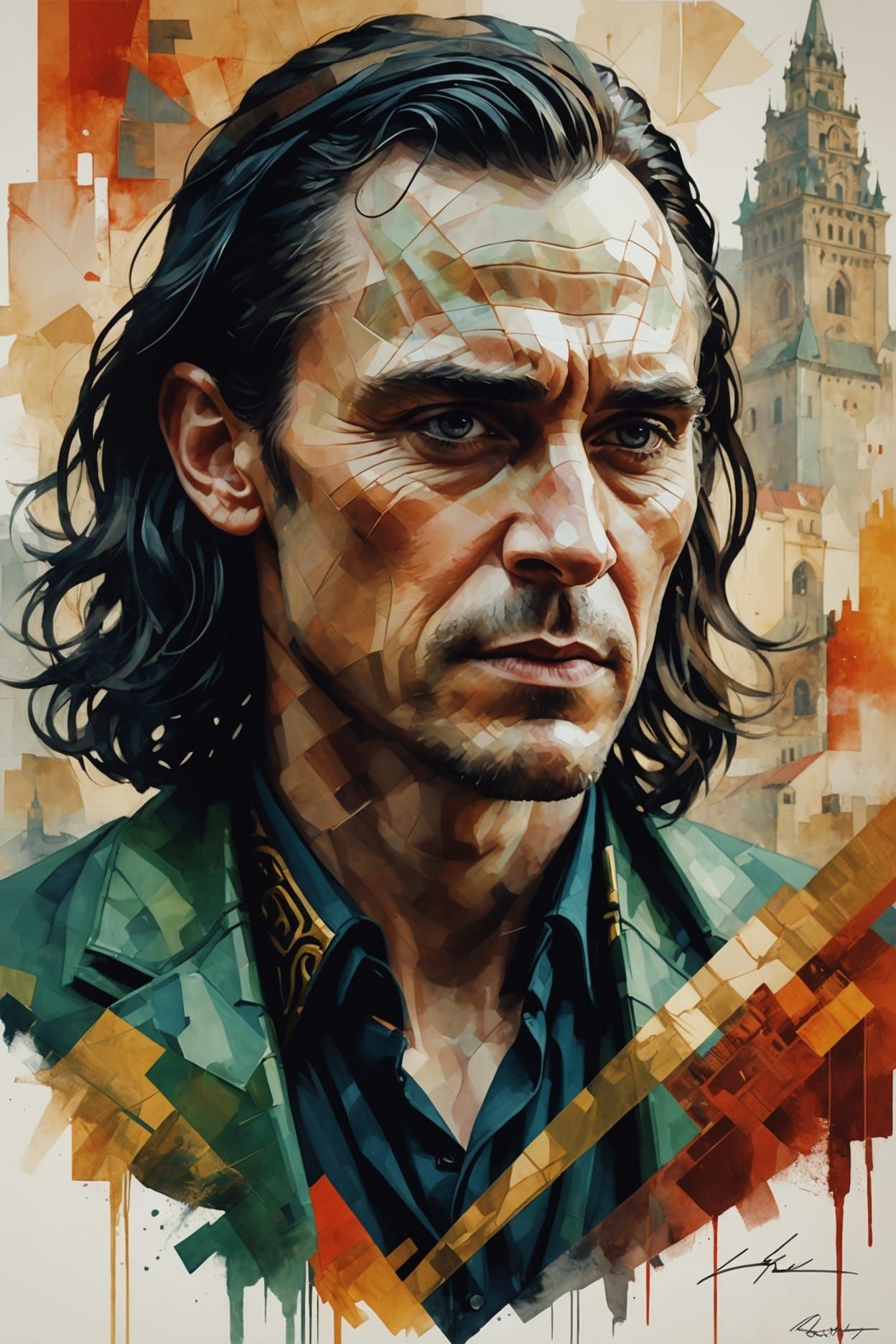 Loki Double Exposure: Burning Town Acrylic Painting