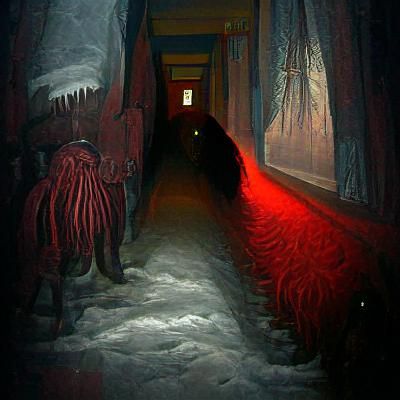 Menacing Entity in Dark Hallway with Red Lights