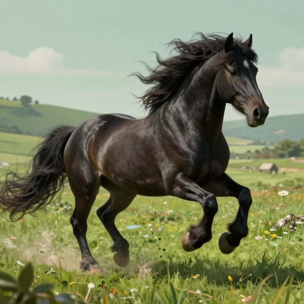 Majestic Black Friesian Horse Galloping in Fantasy Landscape