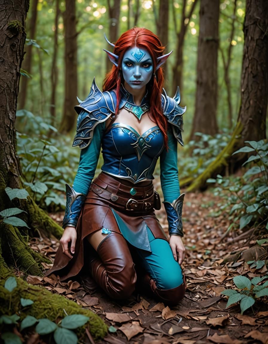 blue female night elf with red hair wearing a brown leather skirt