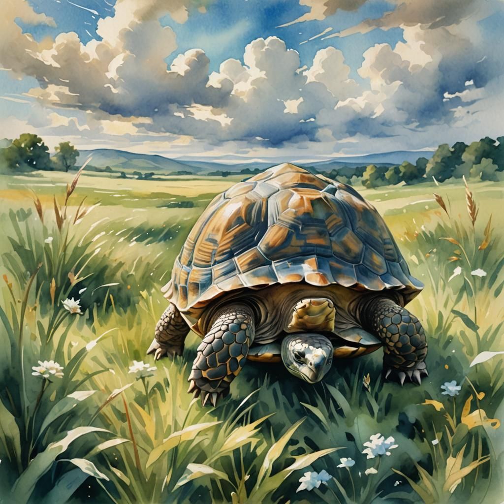 Watercolor Tortoise in Sunlit Meadow