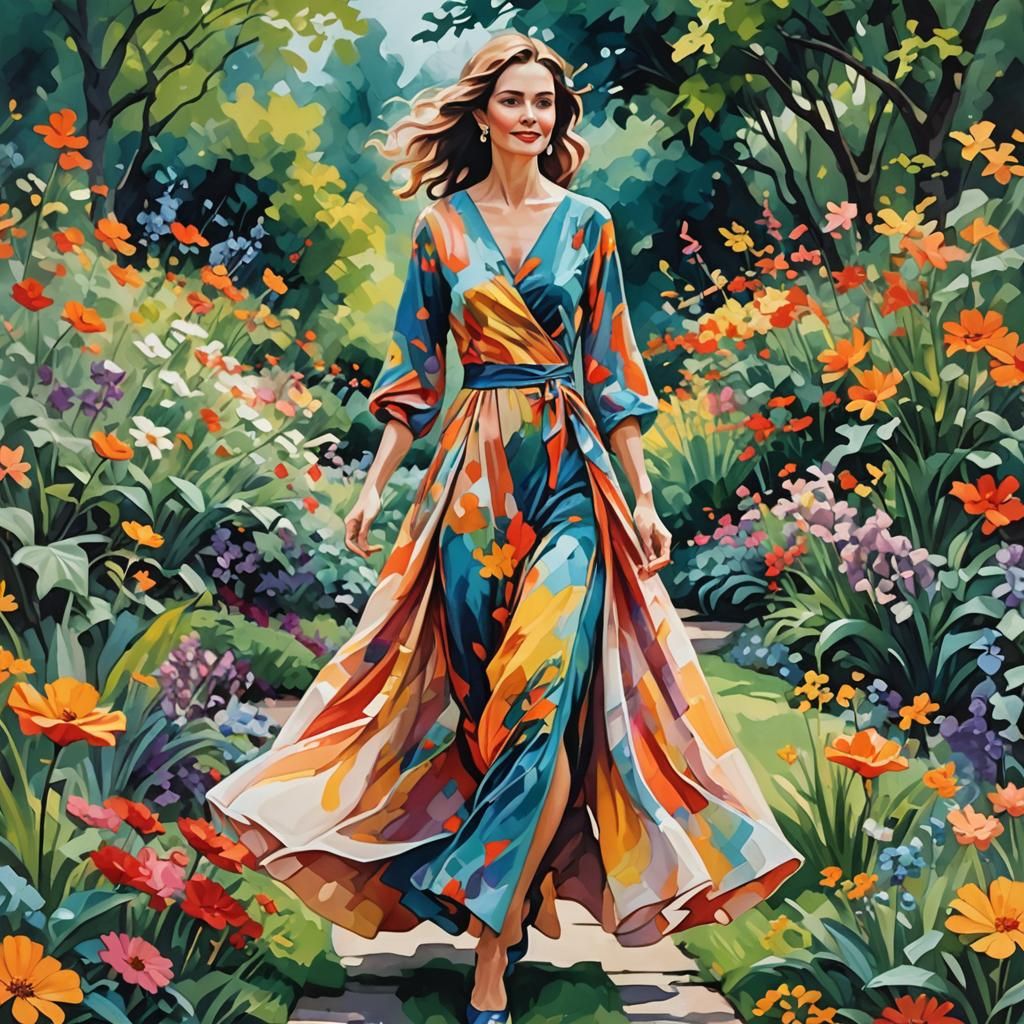 Elegant Woman in Garden, Abstract Art