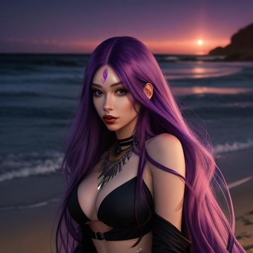 Woman with Glowing Purple Hair on Beach