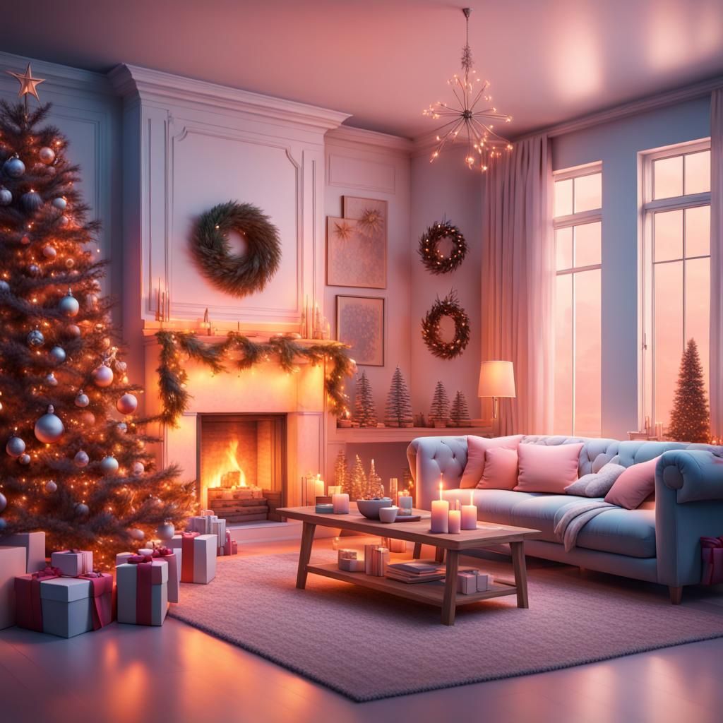 Cozy Christmas Living Room in Pastel Colors