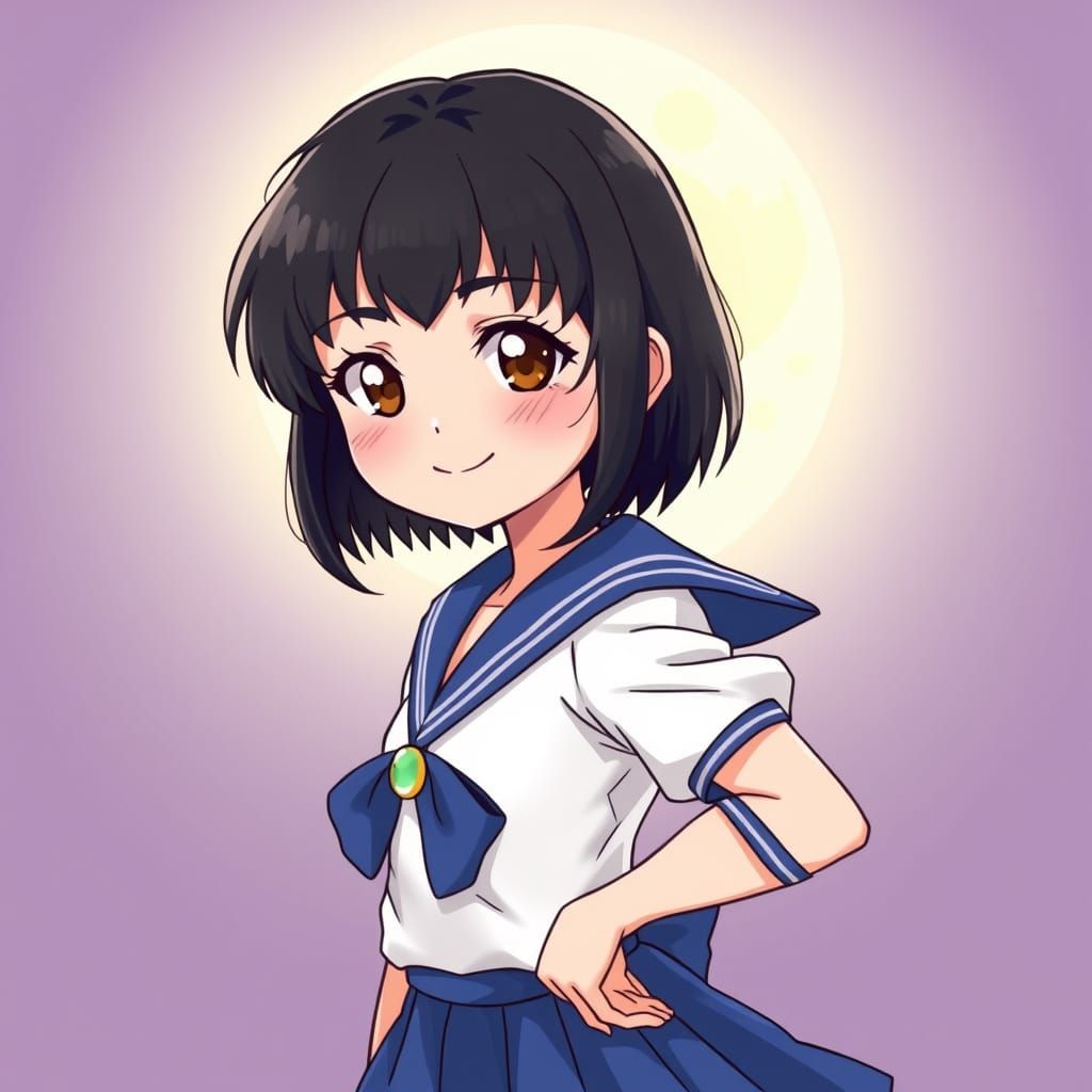 (Sailor Guardian) Adorable pretty Thai woman with short black hair and brown eyes. Wearing Seifuku. Heroine. Anime illus...