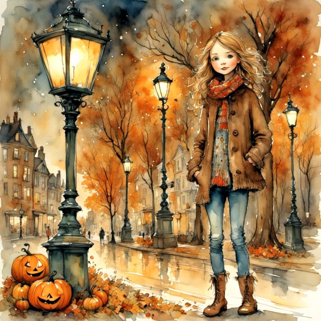 Whimsical Autumn Night Scene with Jack-o'-Lantern Girl