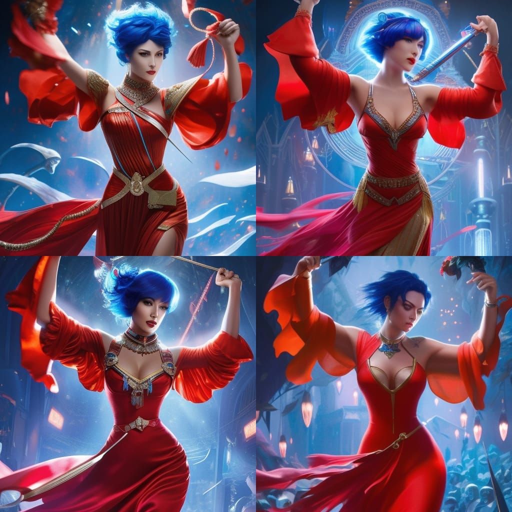 Blue-Haired Woman Dancing Near Crystals in Dark Fantasy Styl...
