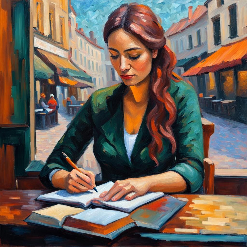Woman Writing: Expressionist Oil Painting in Coffee Shop