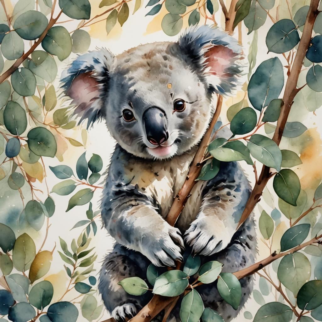 Koala in Eucalyptus: Dreamy Watercolor Illustration