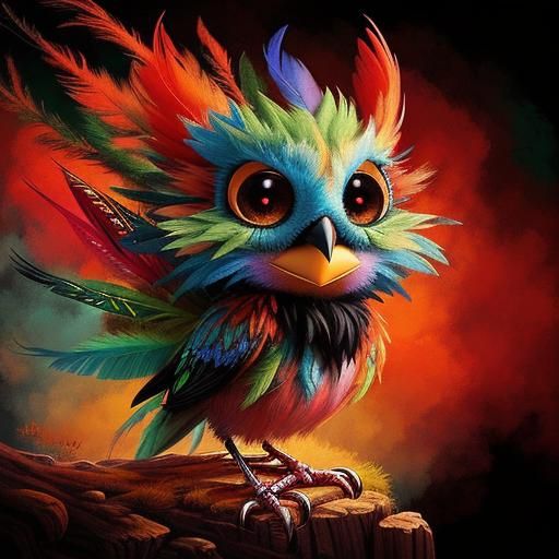 Fluffy Baby Bird with Mohawk in Gothic-Punk Style
