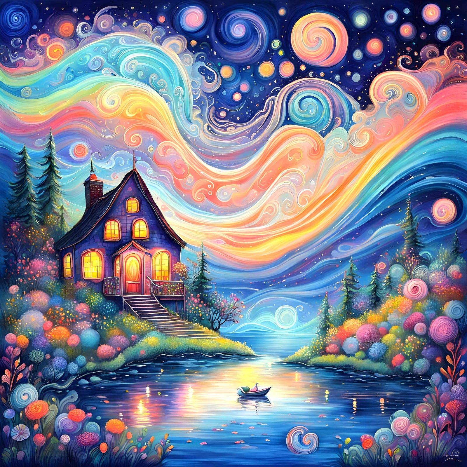 Ethereal Lake House in Whimsical Artistic Style