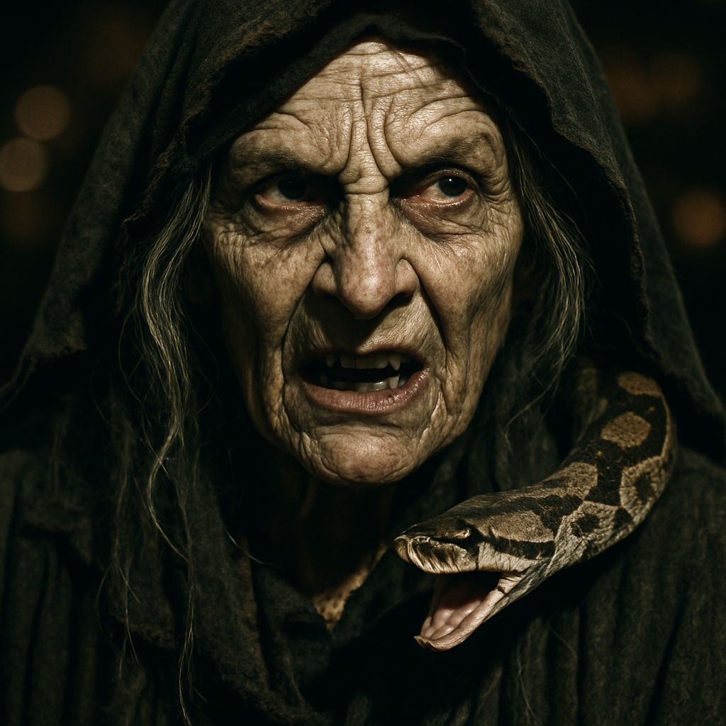 Hyper-Realistic Witch with Snake in Dramatic Lighting