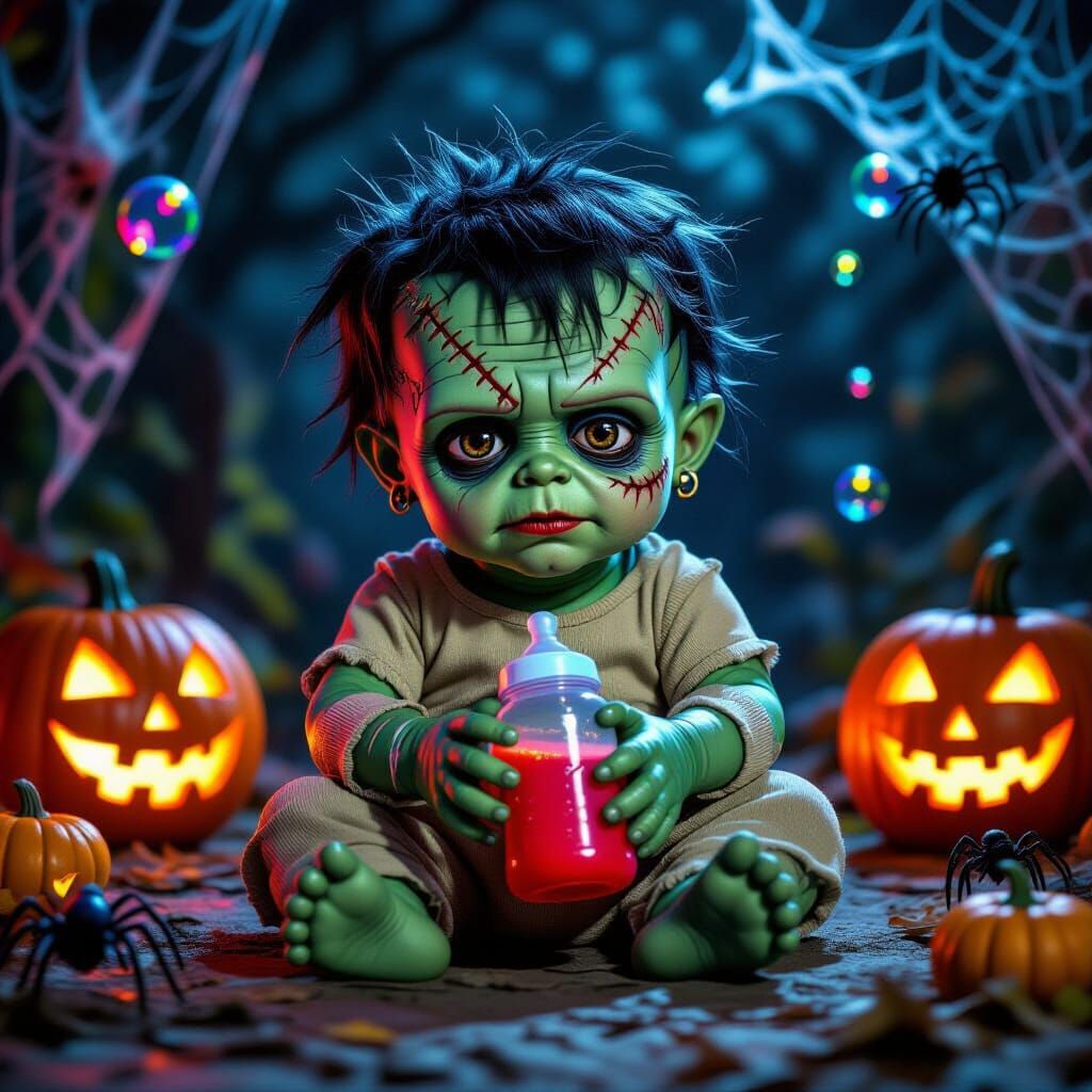 Sad Baby Frankenstein in Halloween Glow