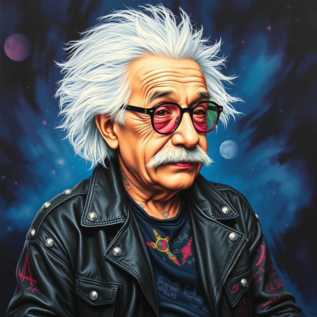 Einstein in Punk Attire, Gouache Painting
