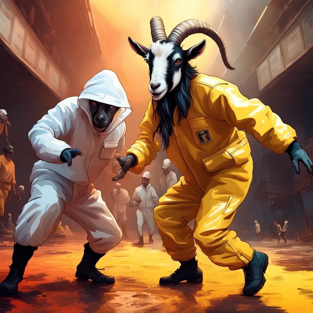 Goat Dance Battles Hazmat Suit Man: Hyperrealistic Splash Ar...