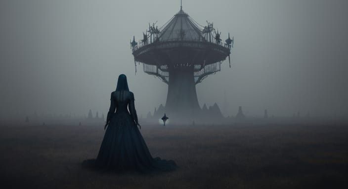 Gothic Horror: Woman on Foggy Carnival Ground