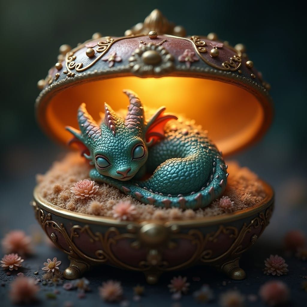 Mystical Baby Dragon in Ornate Glass Box