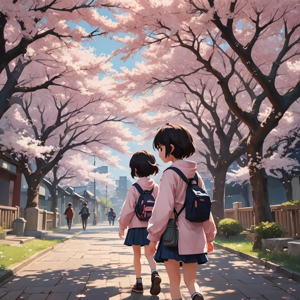 Child Under Cherry Blossoms in Anime Style
