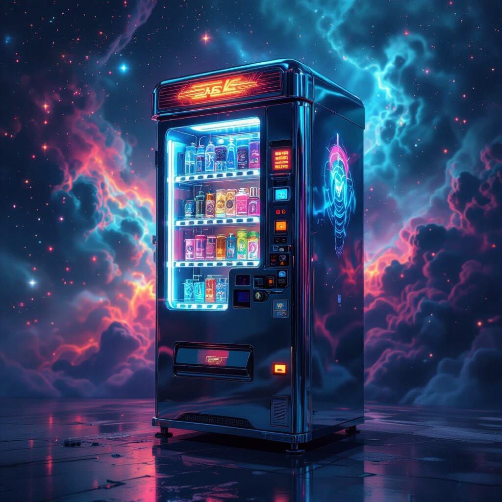 Celestial Vending Machine in Retro-Futuristic Neon Noir