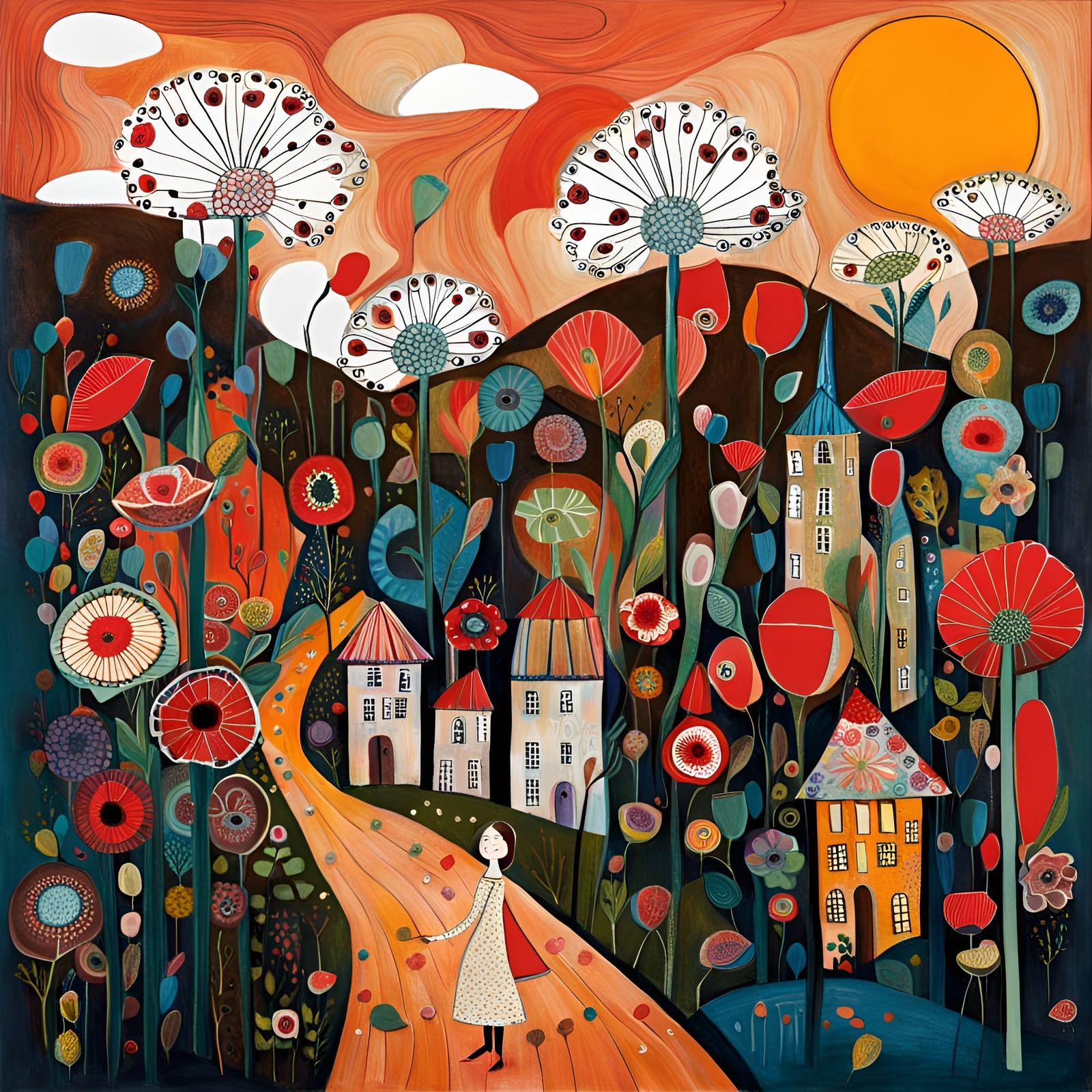 Girl in Floral Poppies, Art Brut Style