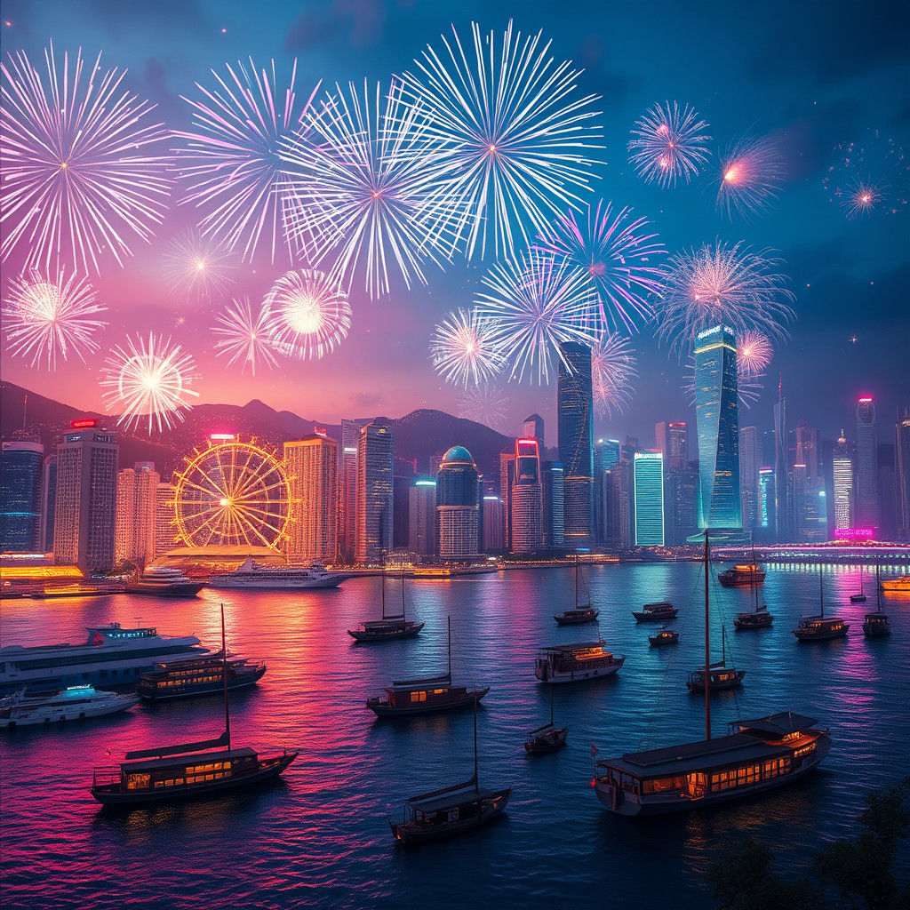 Hong Kong Harbour Fireworks Display at Night
