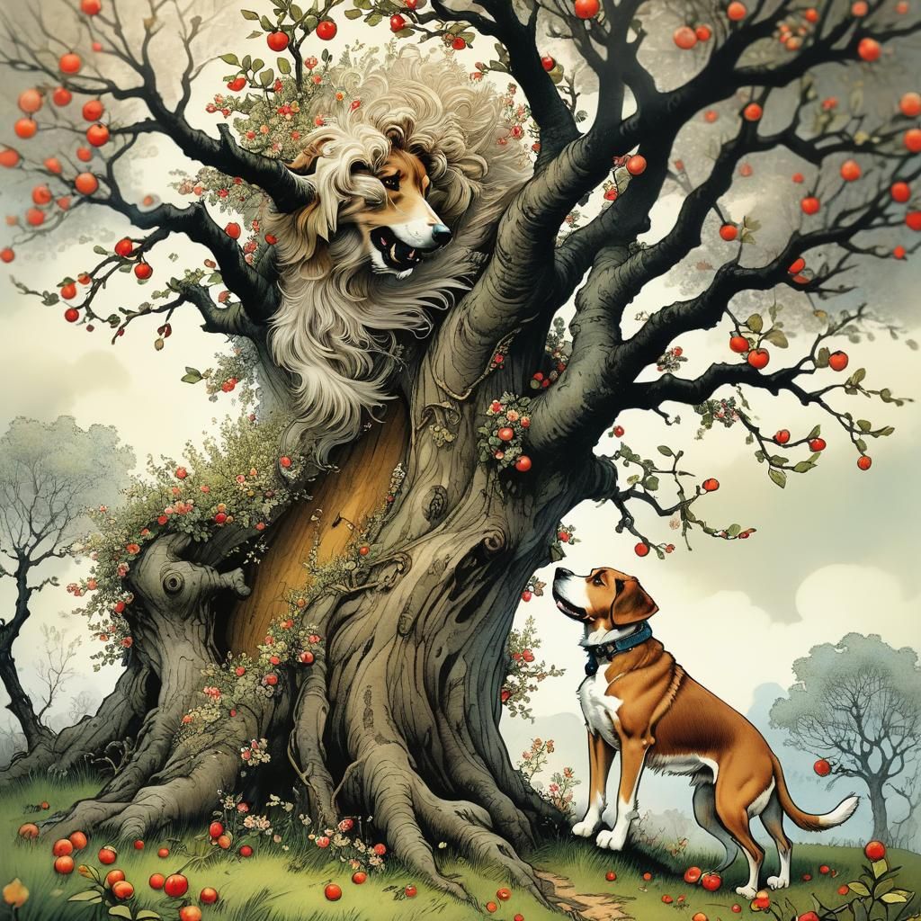 Boys Hide in Apple Tree: Fantasy Illustration