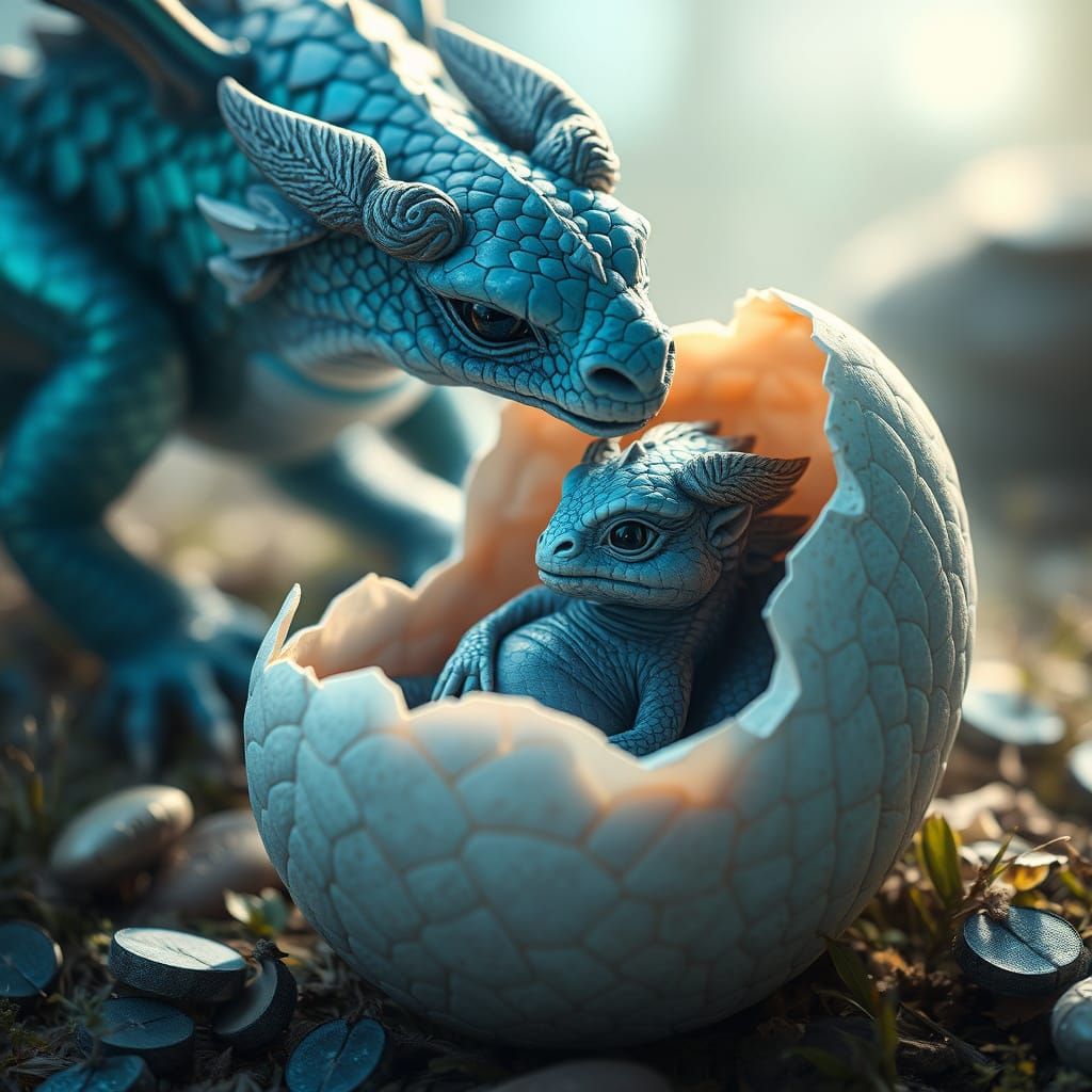 Blue Dragon Hatching: Dreamlike Fantasy Art