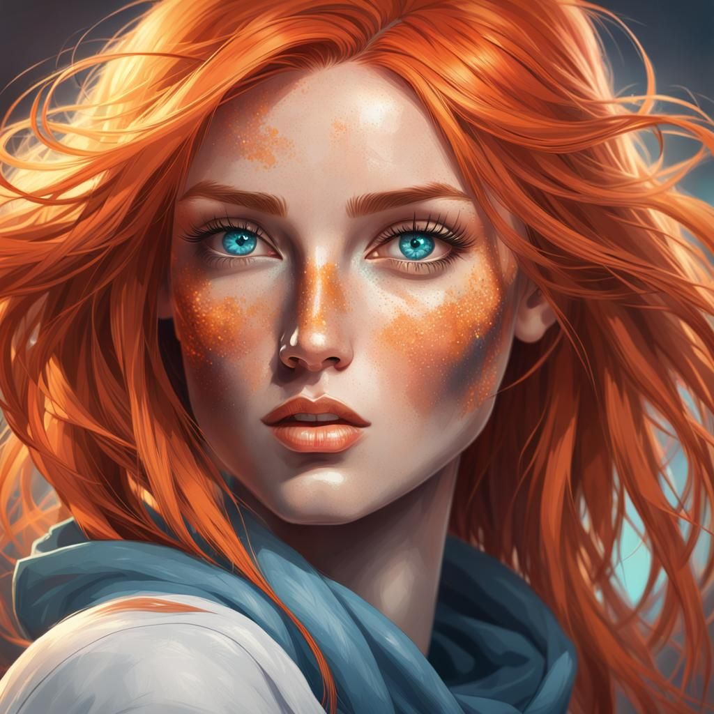 Beautiful Woman with Orange Hair, Hyperdetailed Portrait