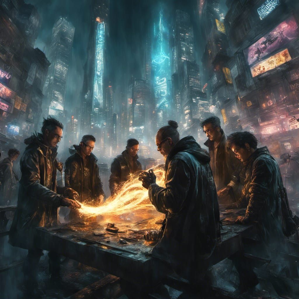 Cyberpunk Wizards Casting Fire Spell, Cel-Shaded Art