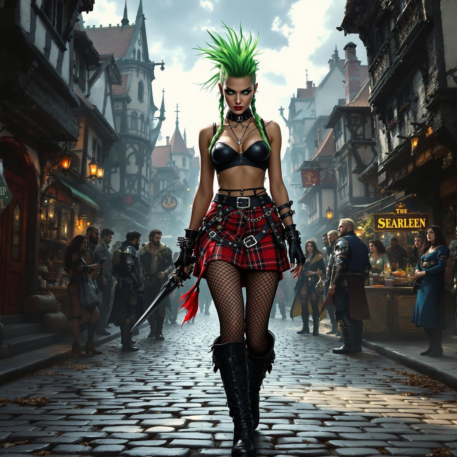 Punk Woman Struts Through Medieval Town