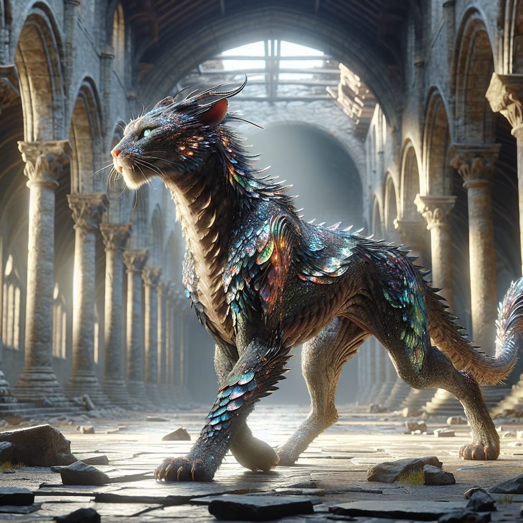 Iridescent Dragon-Cat Hybrid in Castle Ruins