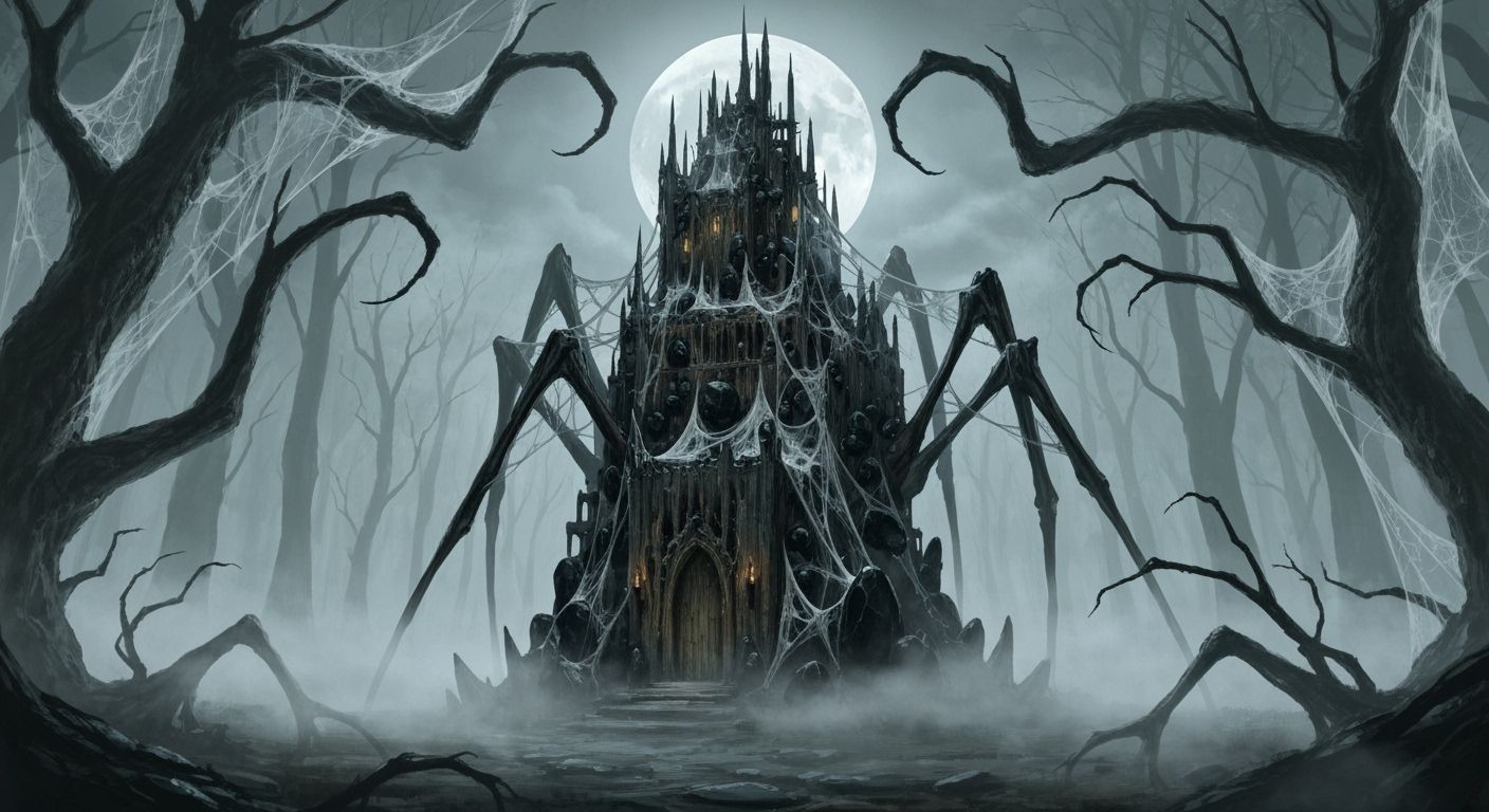 Dark Fantasy Spider Fortress in Moonlit Fog