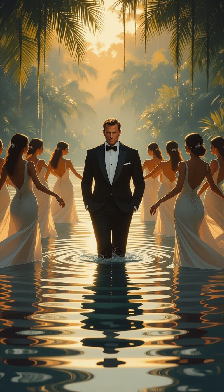 James Bond in Pond with Dancers at Sunset
