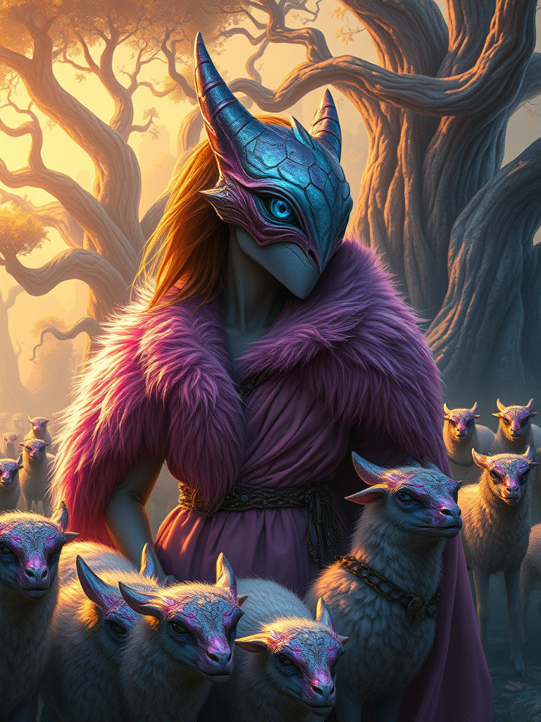 Cyclops Woman Grazing Flock on Island Paradise