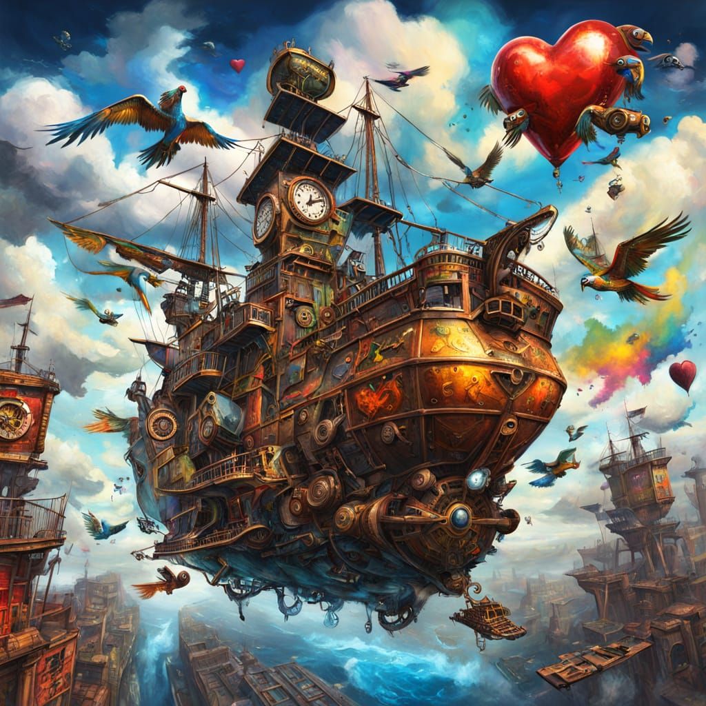 Steampunk Pirate Ship Soars Through Clouds: Graffiti Art