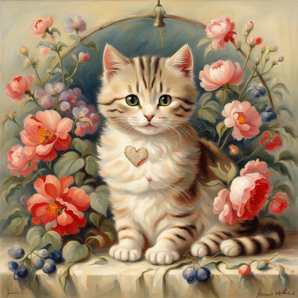 Cat on Pillow with Flowers: Dutch Painting Style