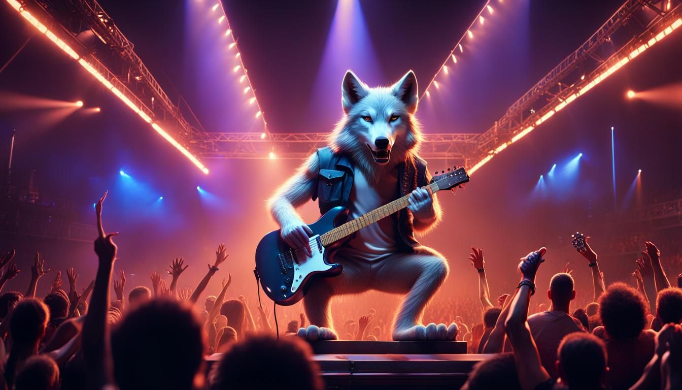 Wolf Guitarist Rocks Concert Stage in Detailed Painting
