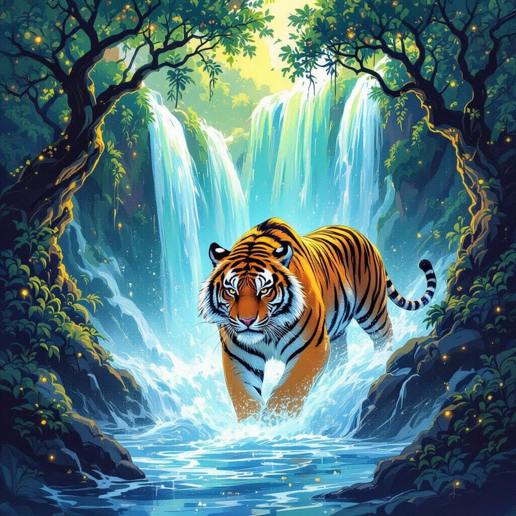 Tiger Emerging from Glowing Waterfall Amidst Magical Trees